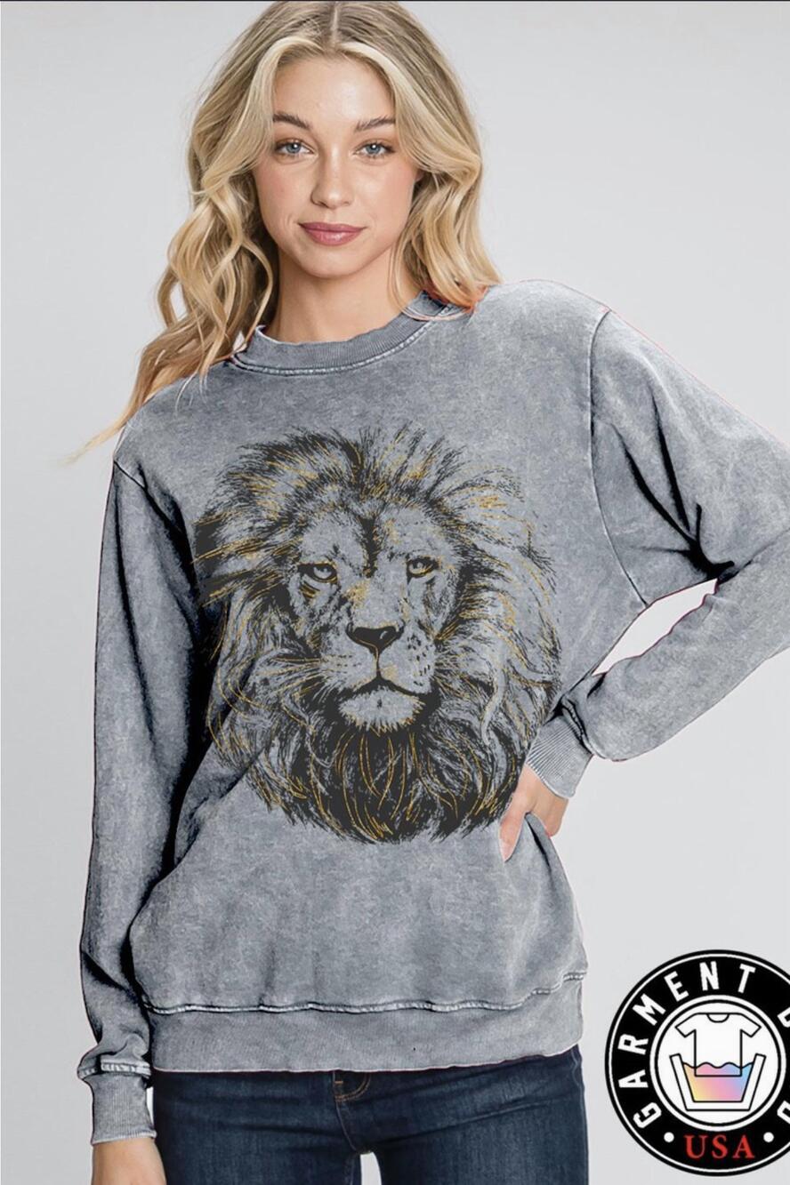 NEW HRT & LUV women's lion in foil sweatshirt in mineral grey